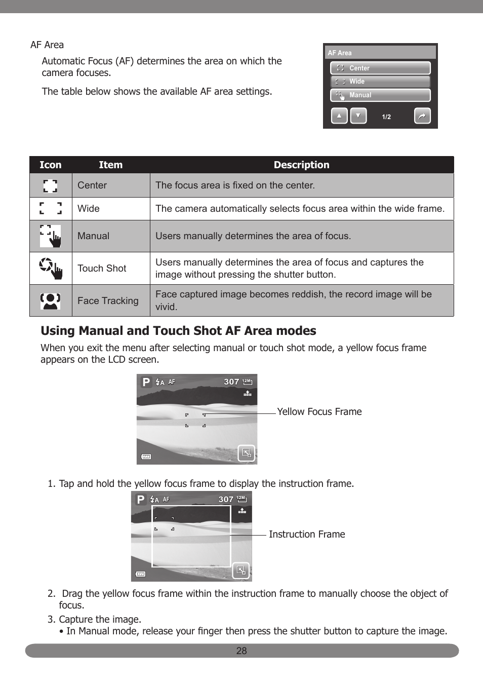 Using manual and touch shot af area modes | HP PB360T User Manual | Page 37 / 64