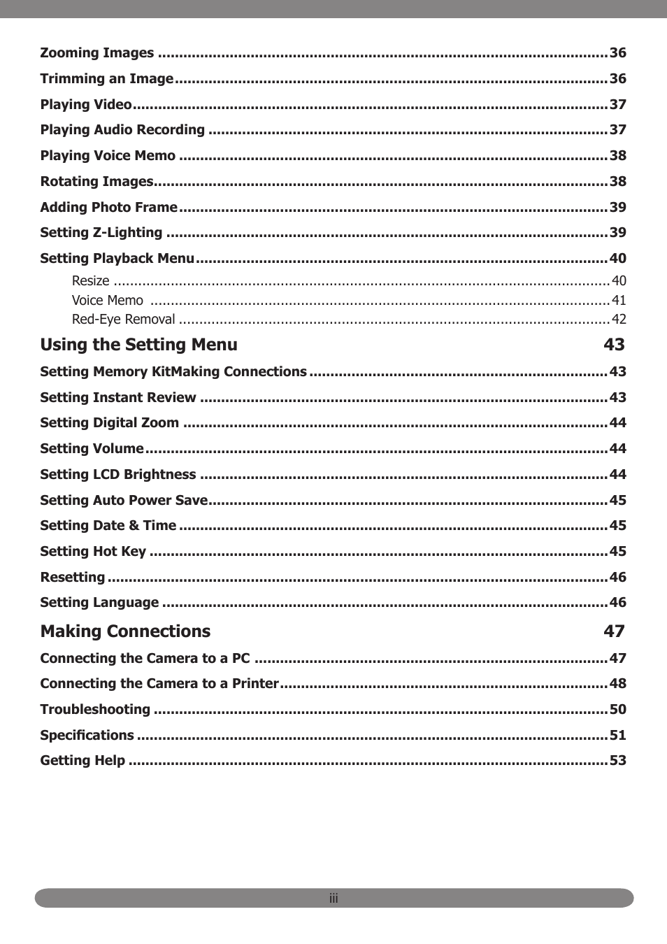 Using the setting menu 43, Making connections 47 | HP PB360T User Manual | Page 4 / 64