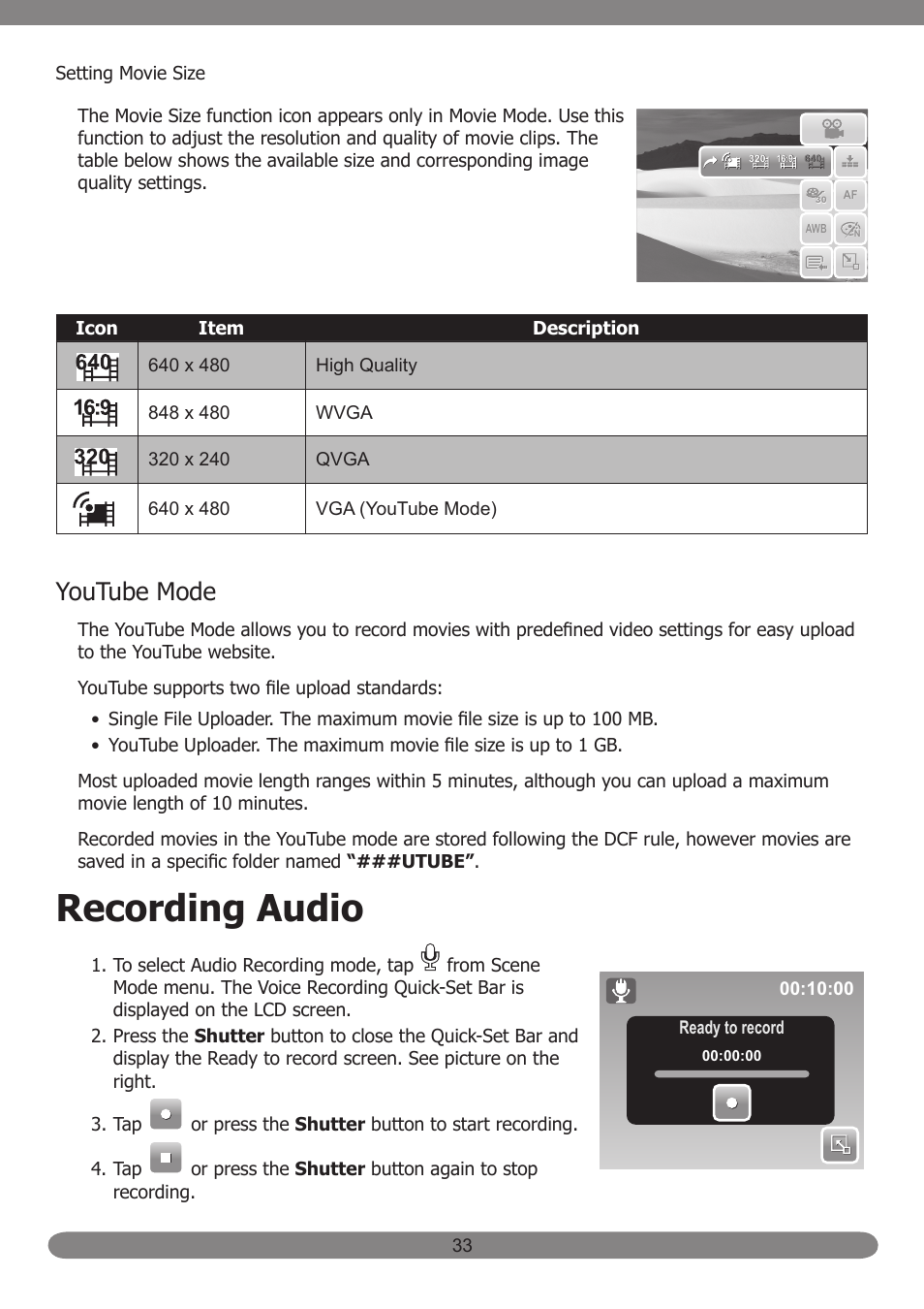Recording audio, Youtube mode | HP PB360T User Manual | Page 42 / 64