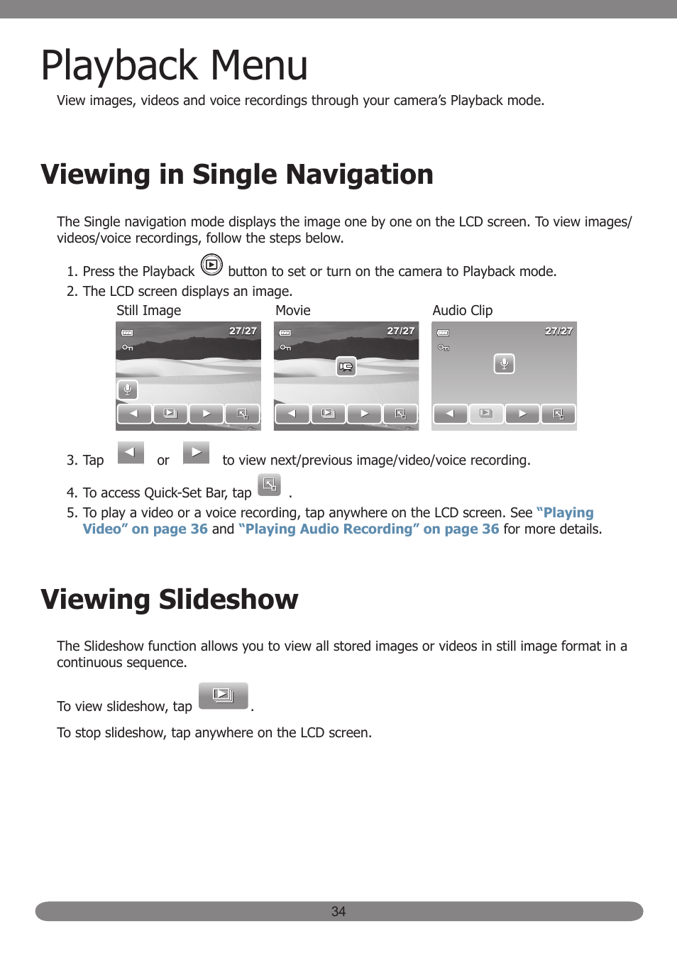 Playback menu, Viewing in single navigation, Viewing slideshow | HP PB360T User Manual | Page 43 / 64