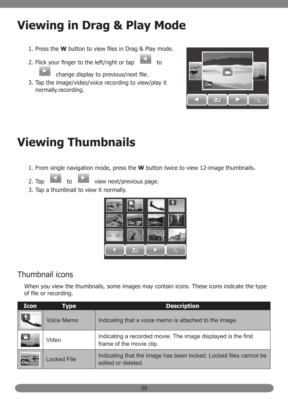 Viewing in drag & play mode, Viewing thumbnails, Thumbnail icons | HP PB360T User Manual | Page 44 / 64