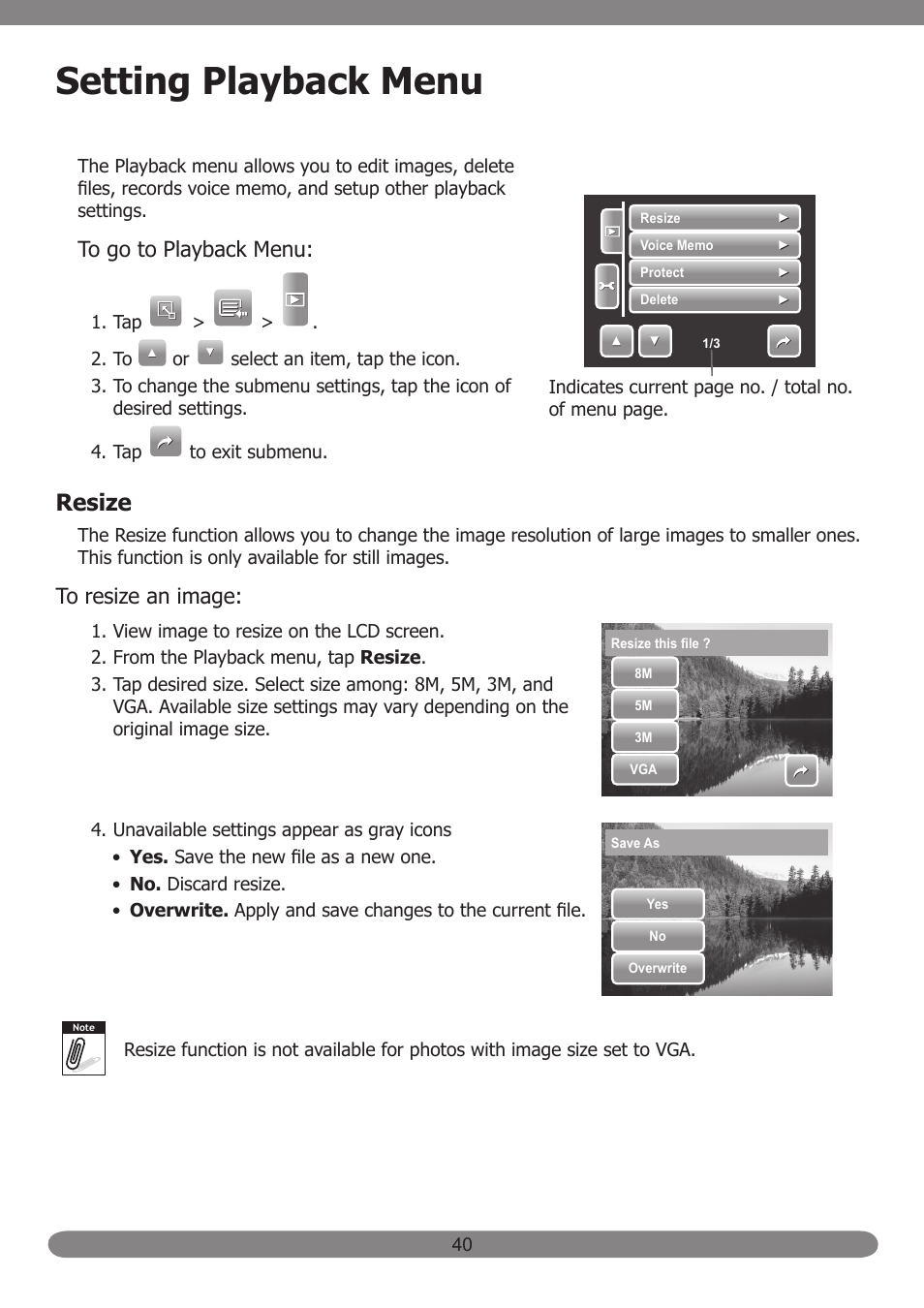 Setting playback menu, Resize | HP PB360T User Manual | Page 49 / 64