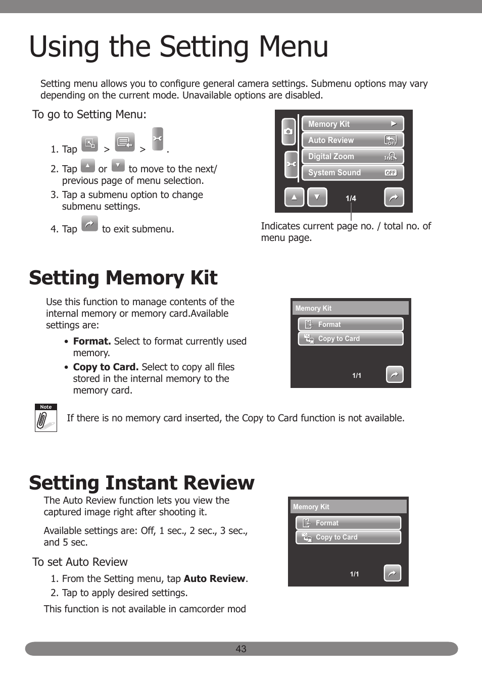 Using the setting menu, Setting instant review | HP PB360T User Manual | Page 52 / 64