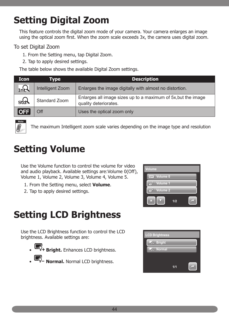 Setting digital zoom, Setting volume, Setting lcd brightness | HP PB360T User Manual | Page 53 / 64