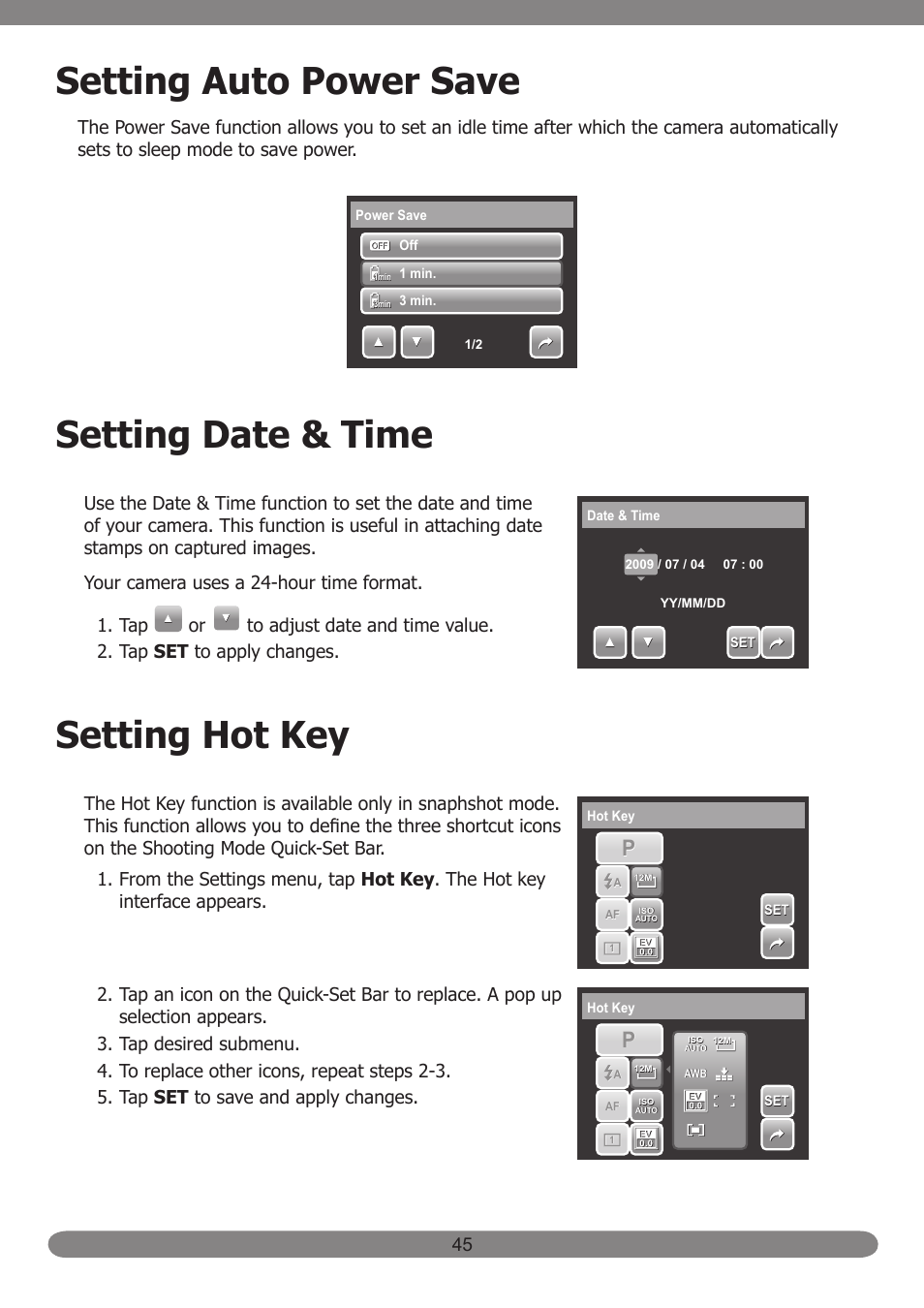 Setting auto power save, Setting date & time, Setting hot key | HP PB360T User Manual | Page 54 / 64