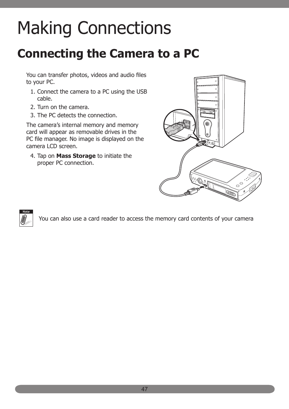 Making connections, Connecting the camera to a pc | HP PB360T User Manual | Page 56 / 64