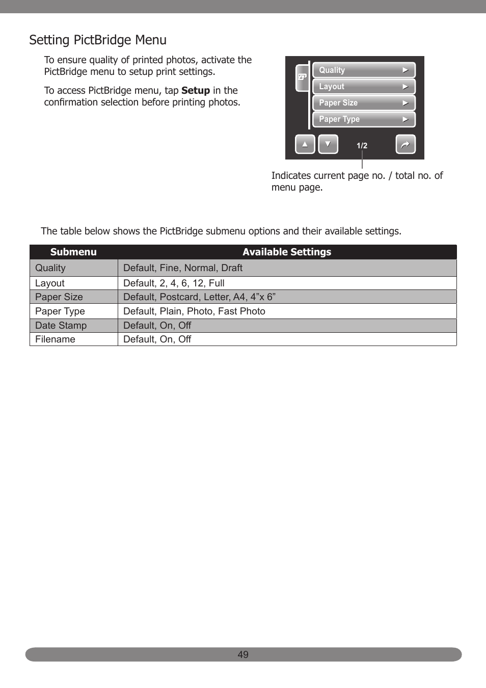 Setting pictbridge menu | HP PB360T User Manual | Page 58 / 64