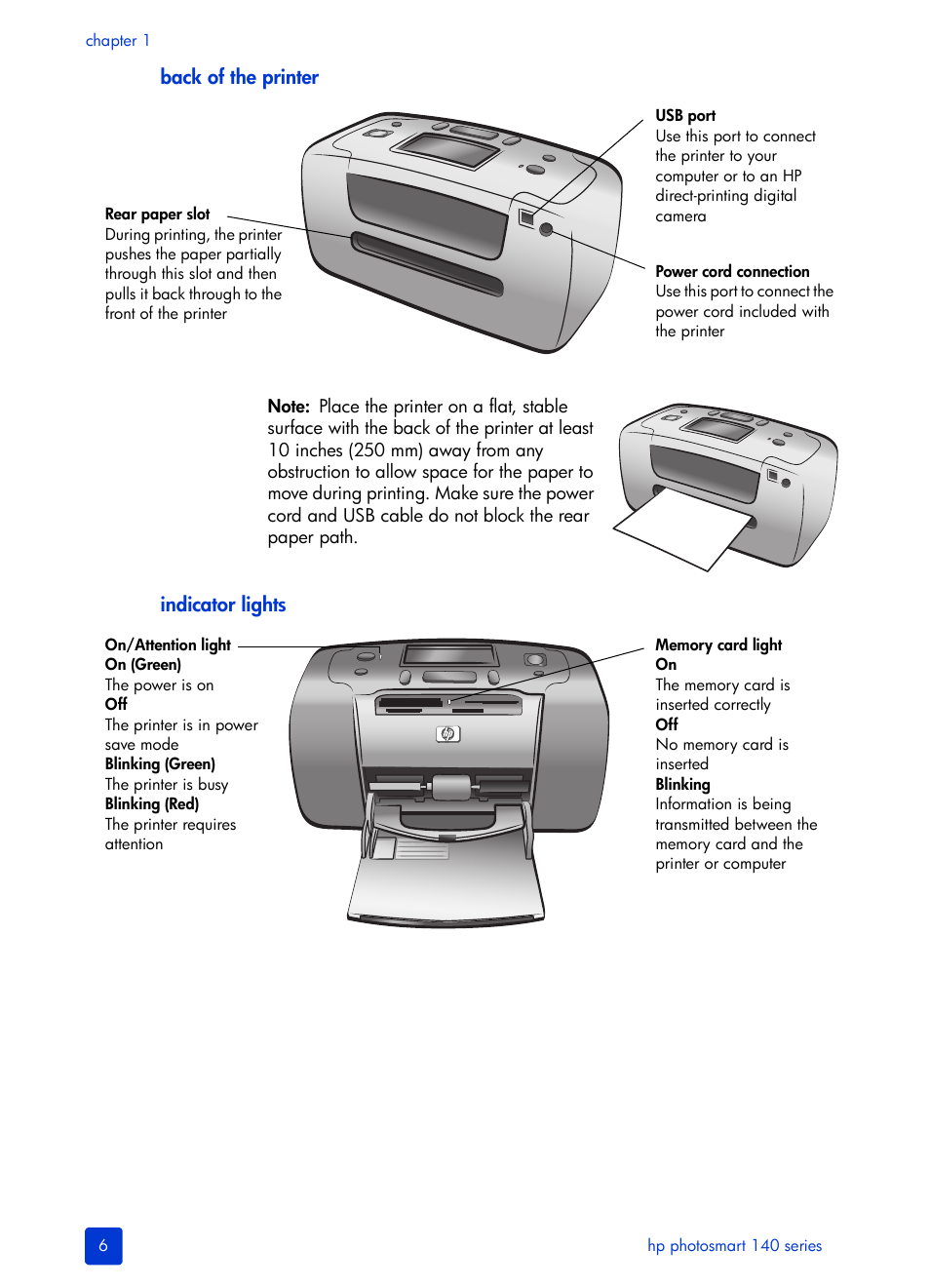 Back of the printer, Indicator lights | HP Photosmart 140 series User Manual | Page 10 / 64