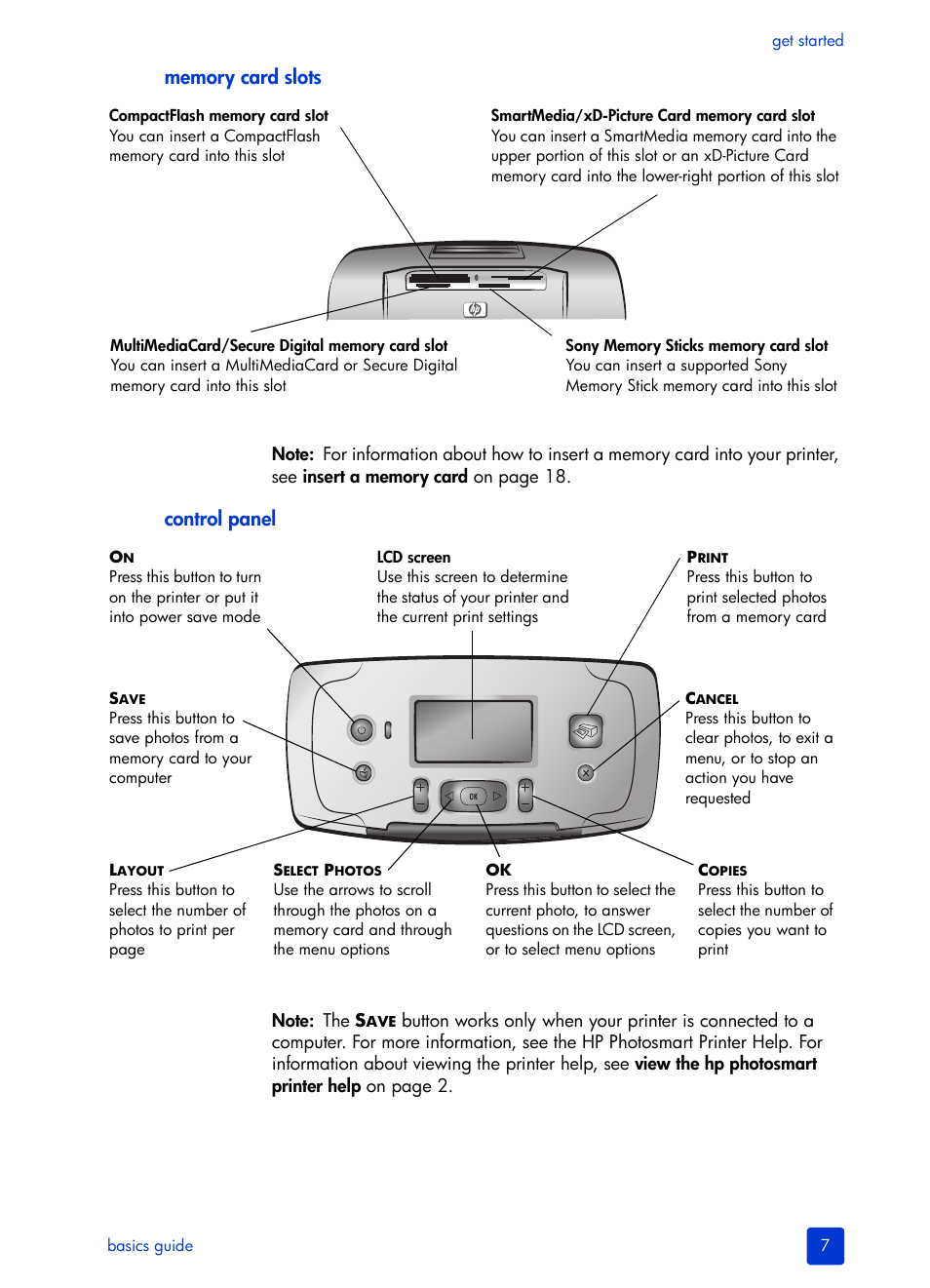 Memory card slots, Control panel | HP Photosmart 140 series User Manual | Page 11 / 64