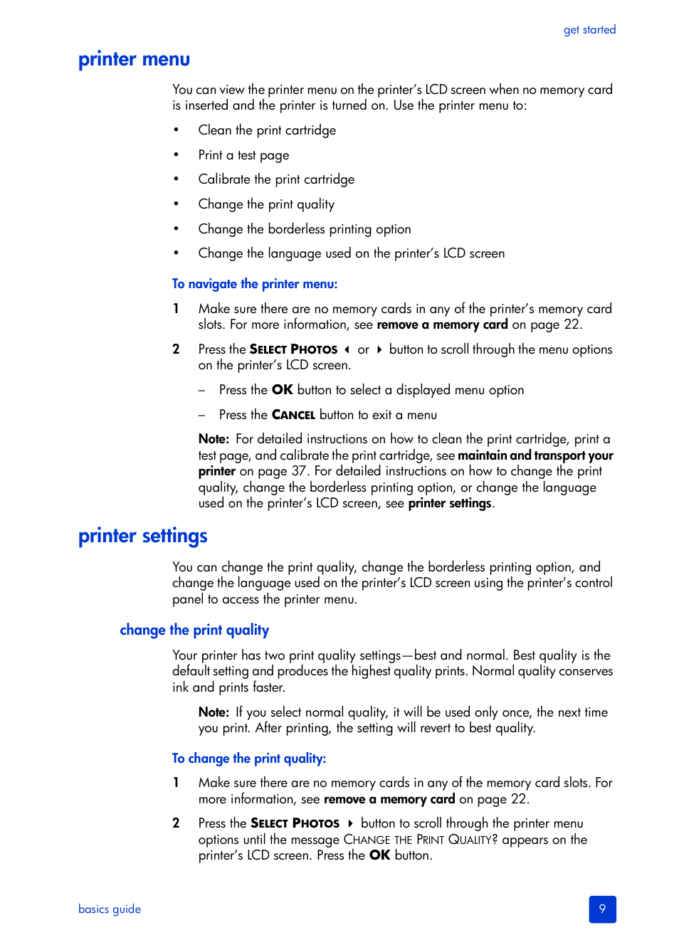 Printer menu, Printer settings, Change the print quality | HP Photosmart 140 series User Manual | Page 13 / 64