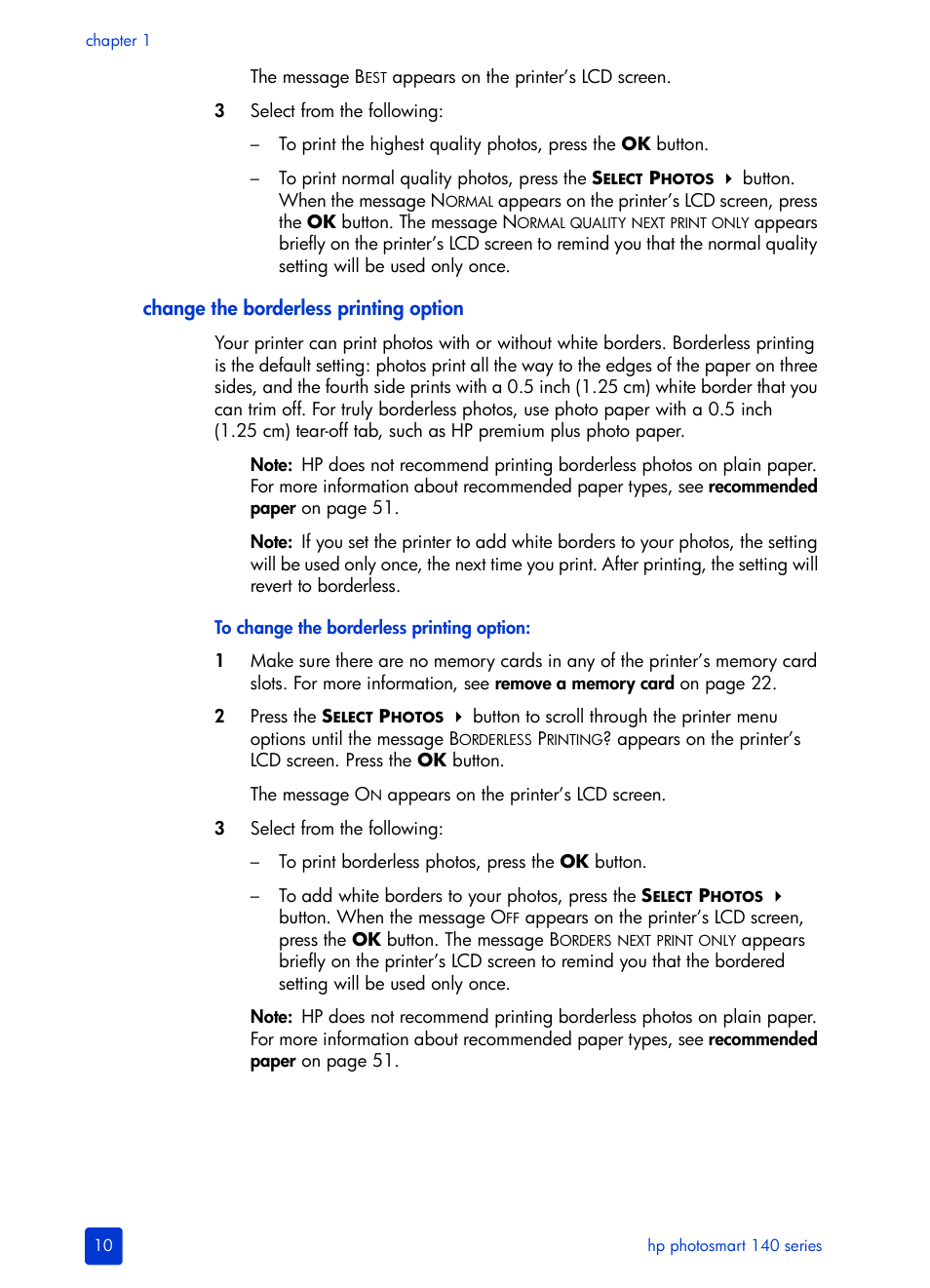 Change the borderless printing option, Ee change the | HP Photosmart 140 series User Manual | Page 14 / 64