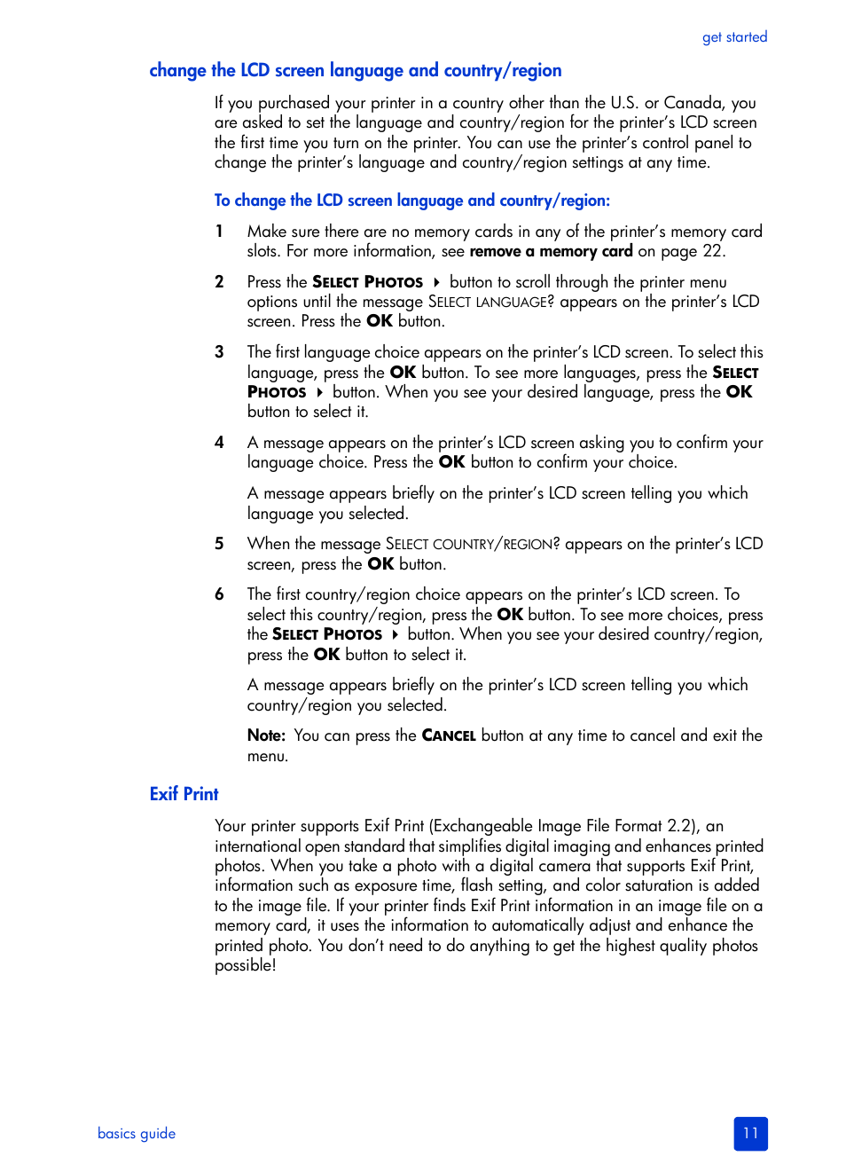 Change the lcd screen language and country/region, Exif print | HP Photosmart 140 series User Manual | Page 15 / 64