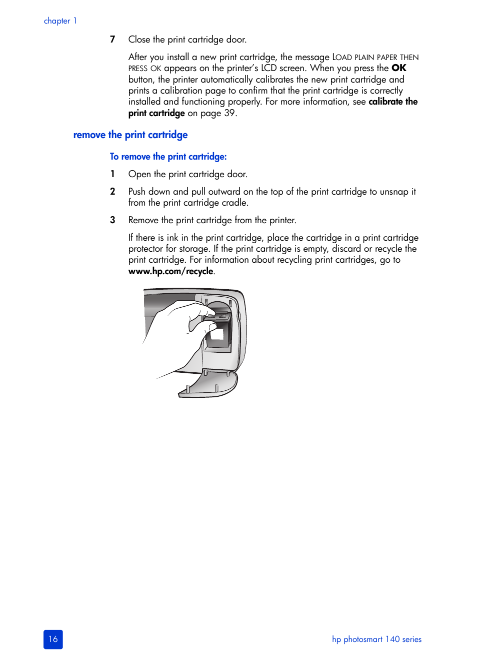 Remove the print cartridge | HP Photosmart 140 series User Manual | Page 20 / 64