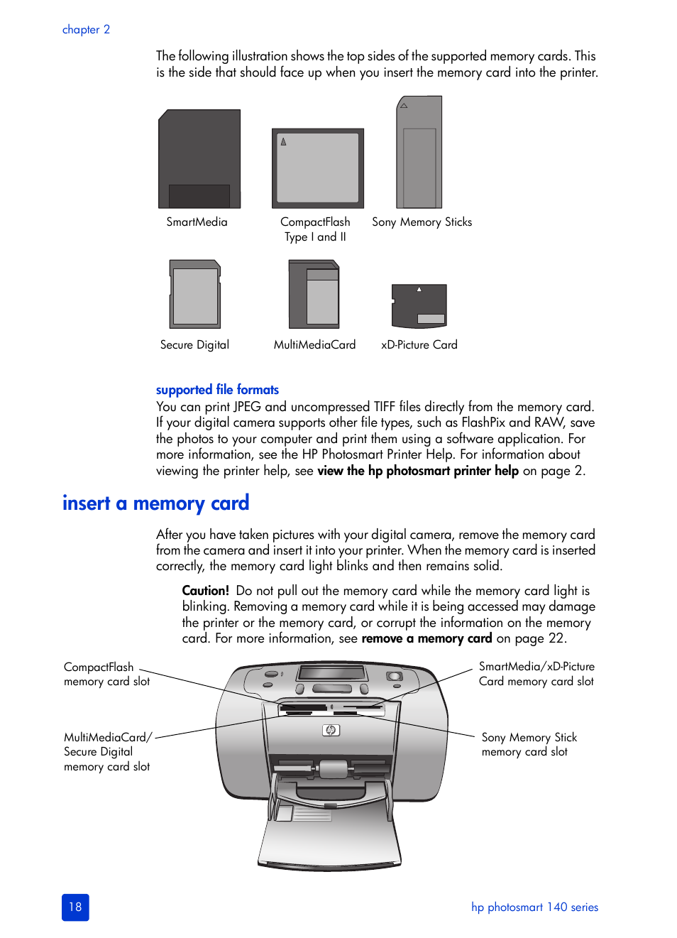 Insert a memory card, Insert | HP Photosmart 140 series User Manual | Page 22 / 64