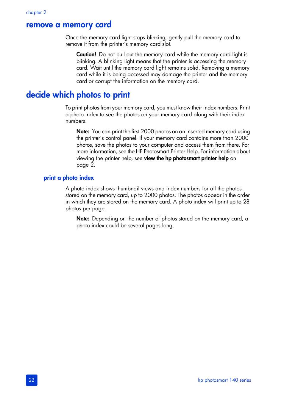 Remove a memory card, Decide which photos to print, Print a photo index | HP Photosmart 140 series User Manual | Page 26 / 64