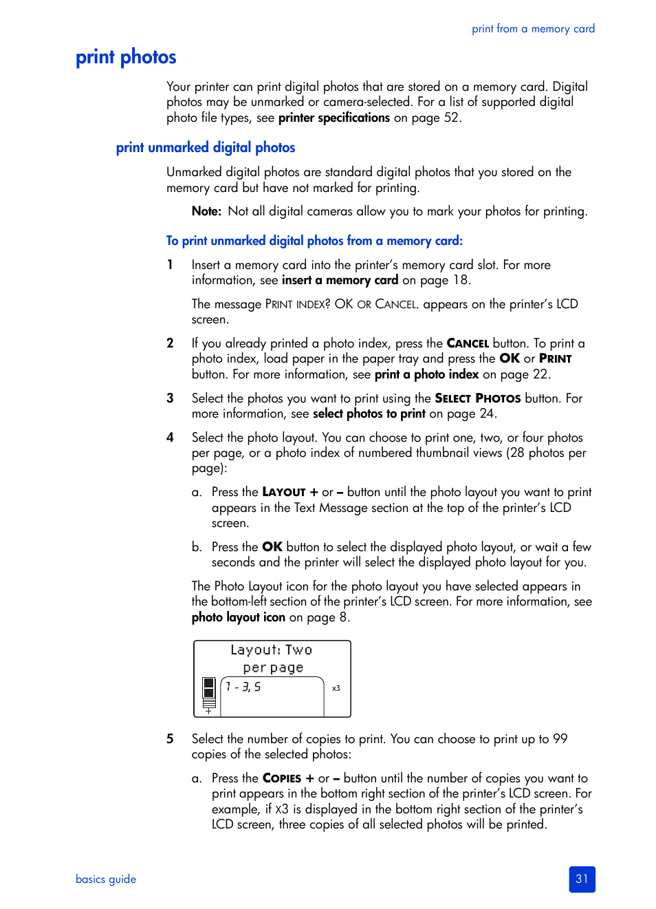 Print photos, Print unmarked digital photos, Print | HP Photosmart 140 series User Manual | Page 35 / 64