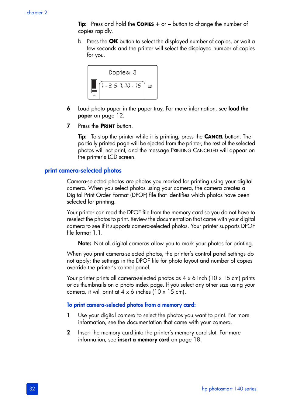 Print camera-selected photos, Print camera-selected photos on | HP Photosmart 140 series User Manual | Page 36 / 64