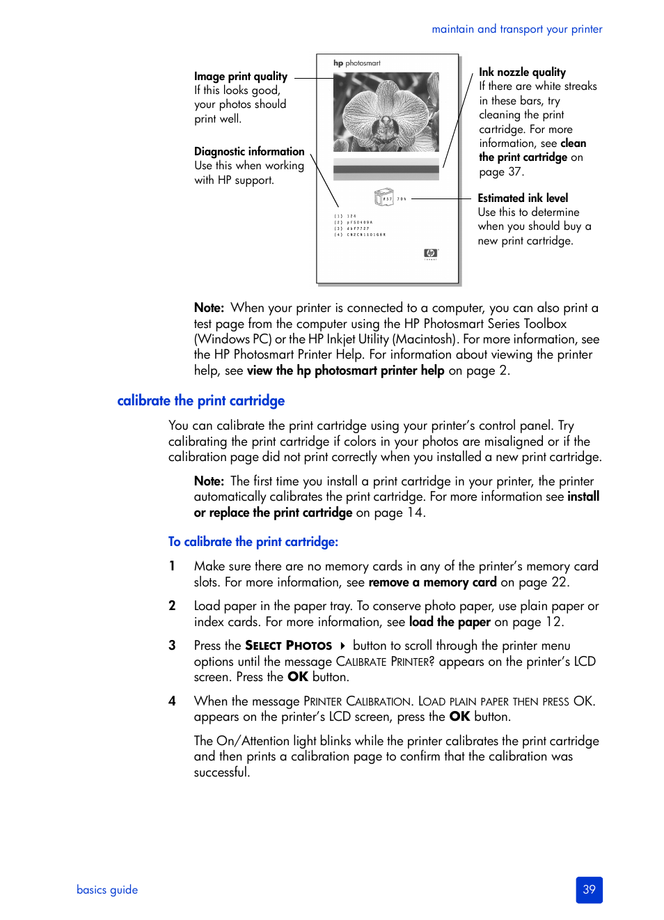 Calibrate the print cartridge | HP Photosmart 140 series User Manual | Page 43 / 64