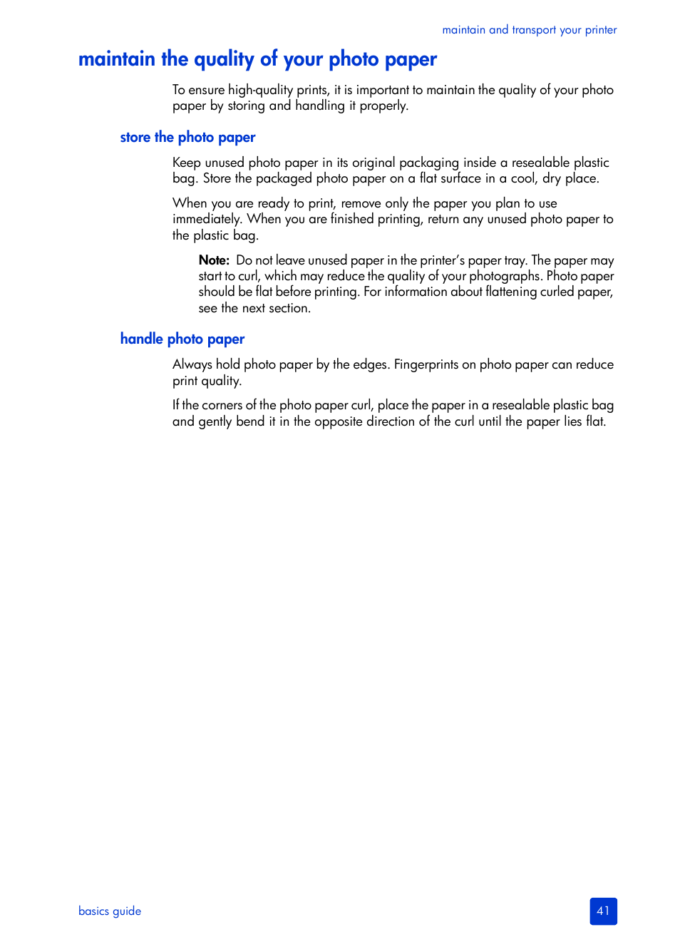 Maintain the quality of your photo paper, Store the photo paper, Handle photo paper | HP Photosmart 140 series User Manual | Page 45 / 64