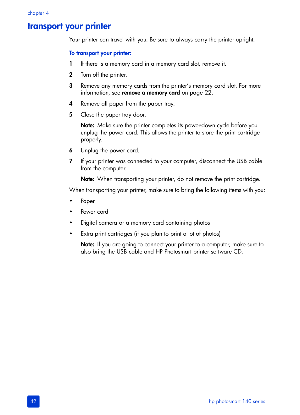 Transport your printer | HP Photosmart 140 series User Manual | Page 46 / 64