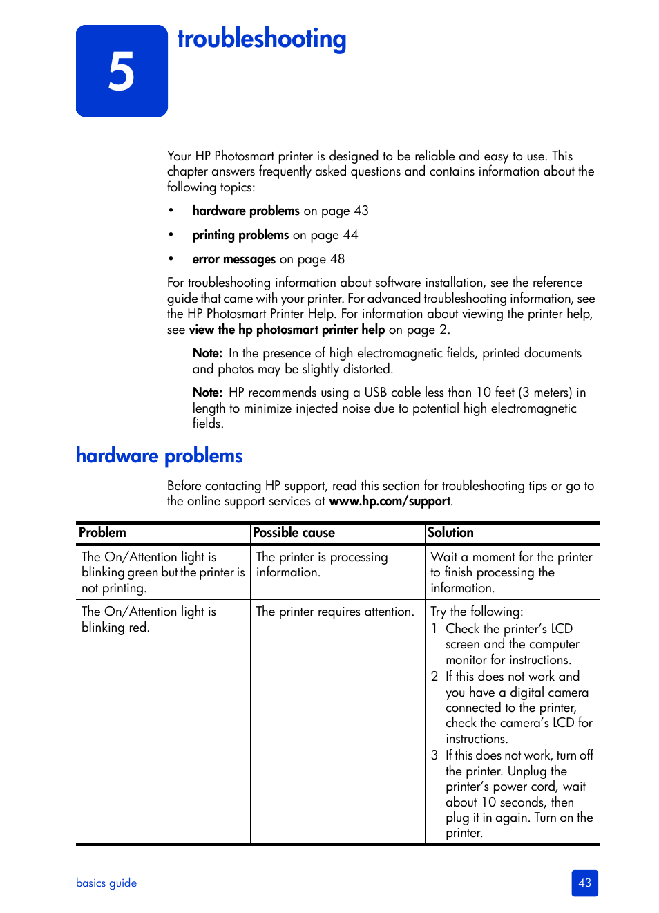 Troubleshooting, Hardware problems, 5 troubleshooting | HP Photosmart 140 series User Manual | Page 47 / 64