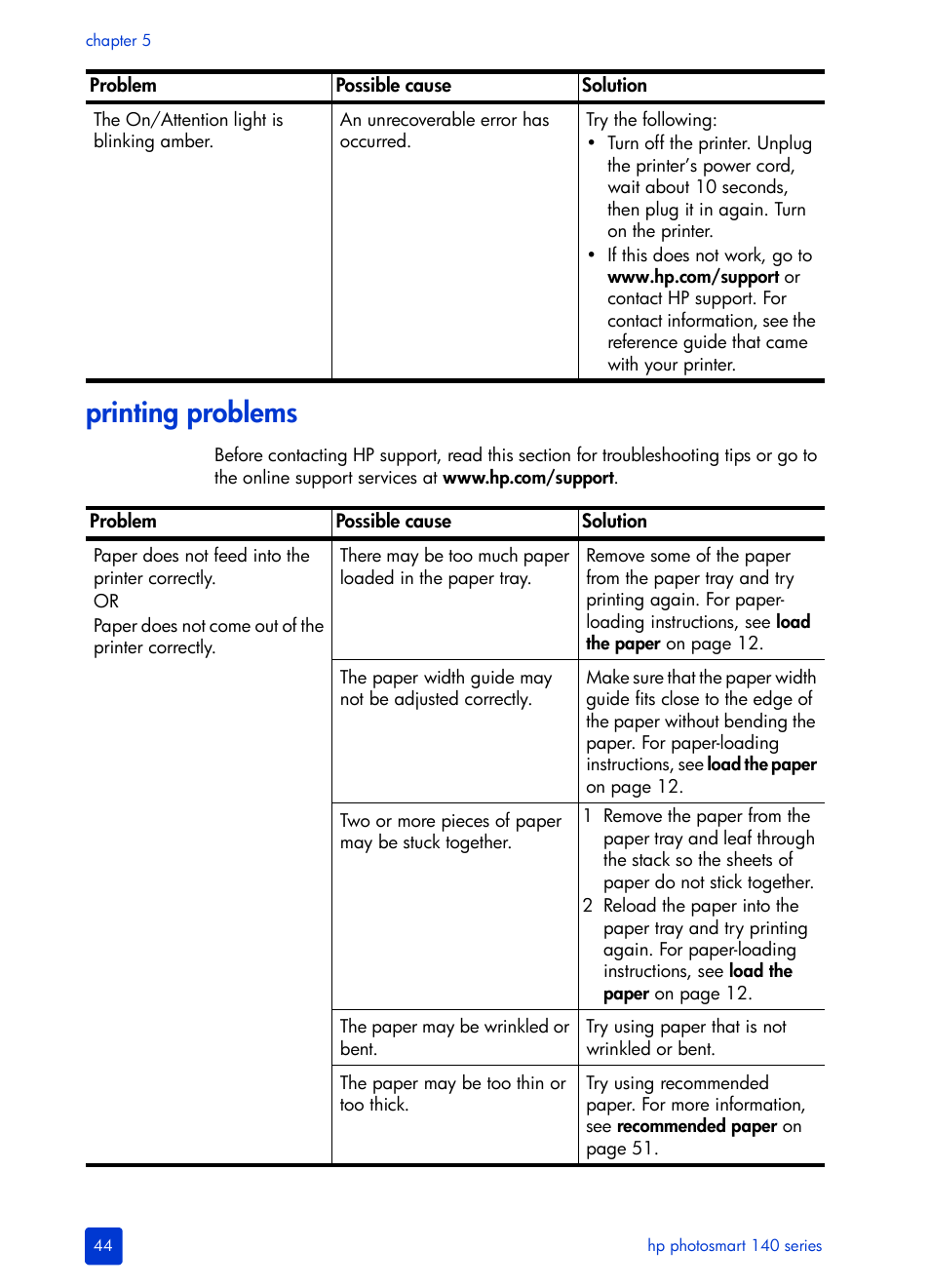 Printing problems | HP Photosmart 140 series User Manual | Page 48 / 64