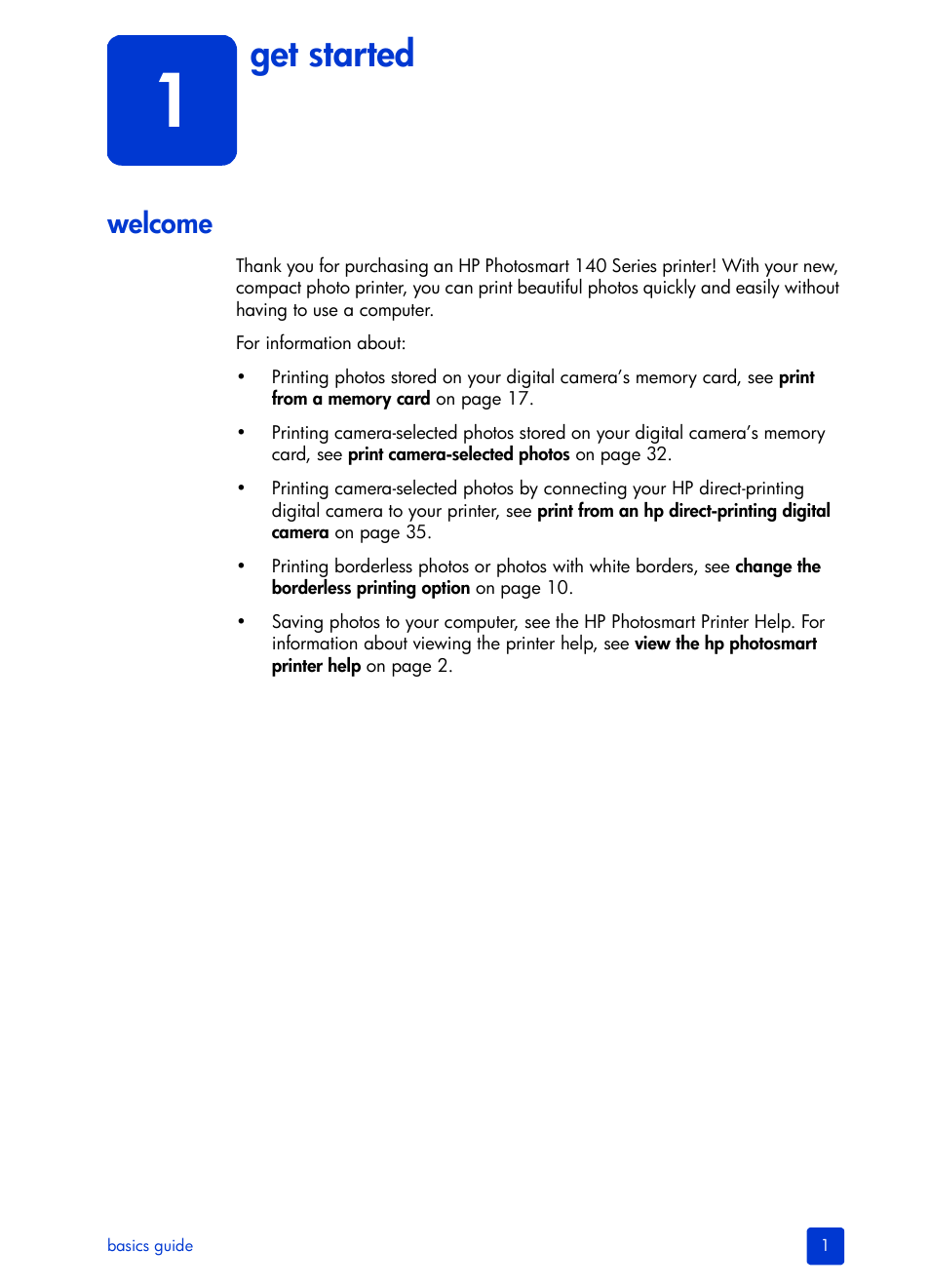 Get started, Welcome, 1 get started | HP Photosmart 140 series User Manual | Page 5 / 64