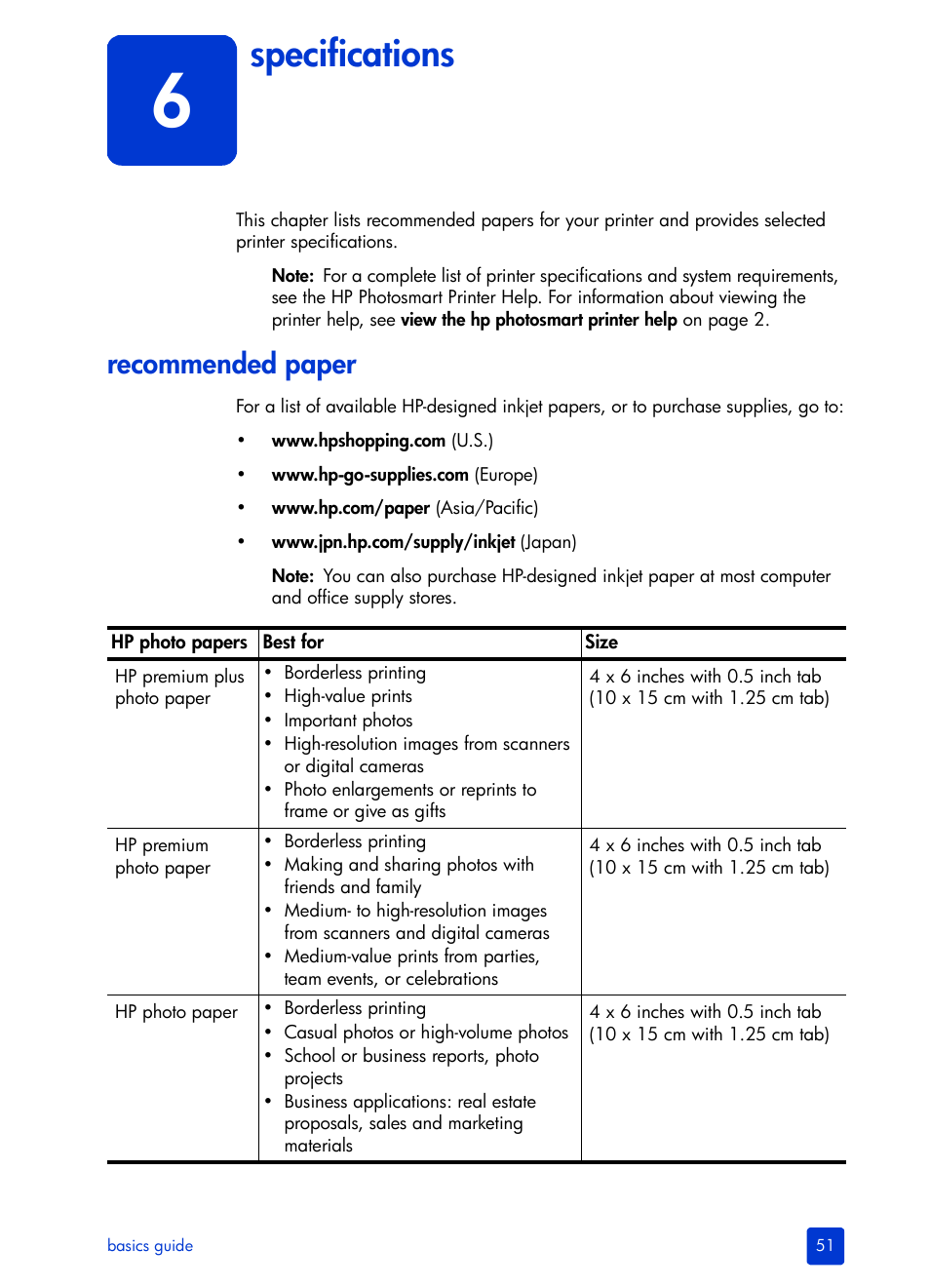 Specifications, Recommended paper, 6 specifications | Recommended, Recommended paper on | HP Photosmart 140 series User Manual | Page 55 / 64