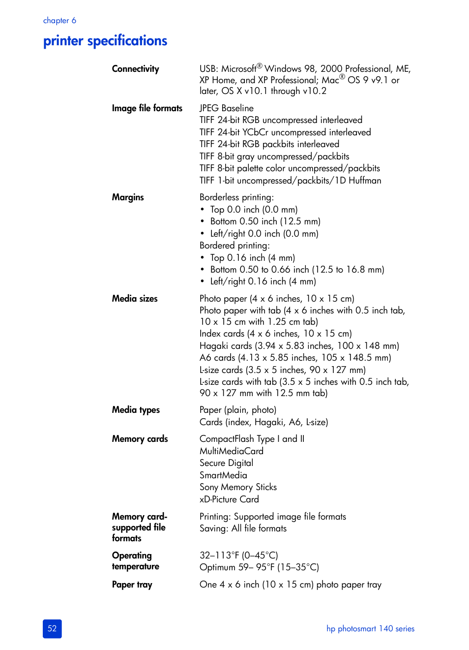 Printer specifications | HP Photosmart 140 series User Manual | Page 56 / 64