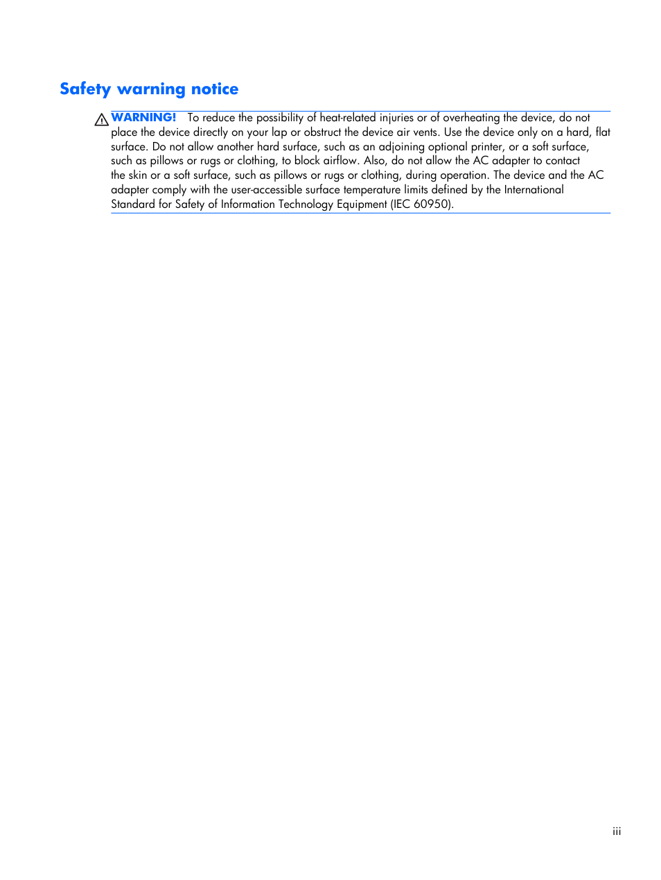 Safety warning notice | HP 15 User Manual | Page 3 / 101