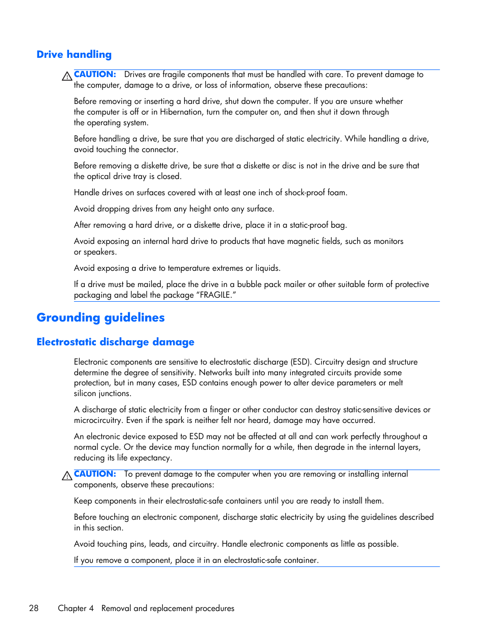 Drive handling, Grounding guidelines, Electrostatic discharge damage | HP 15 User Manual | Page 36 / 101