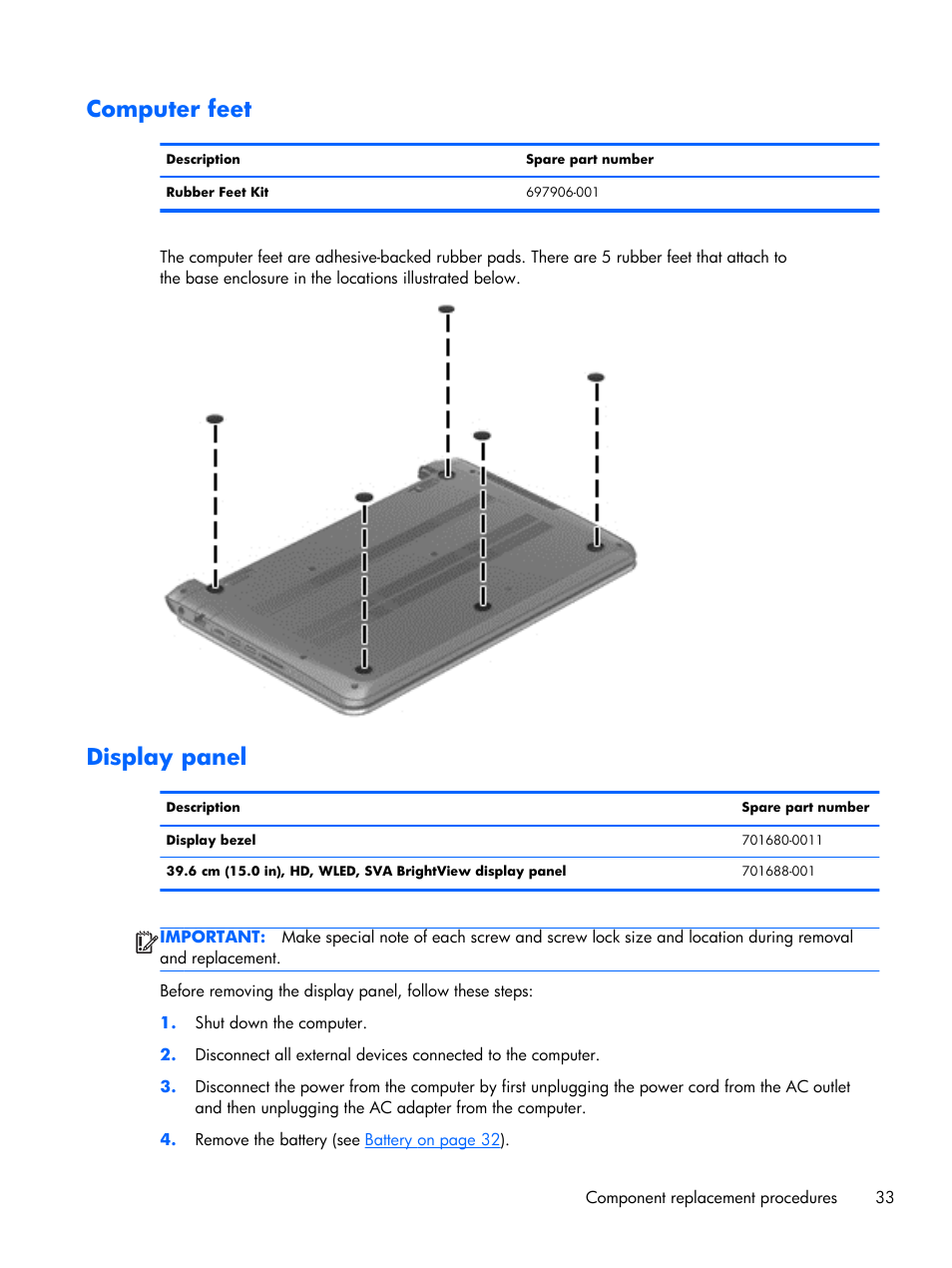 Computer feet, Display panel | HP 15 User Manual | Page 41 / 101