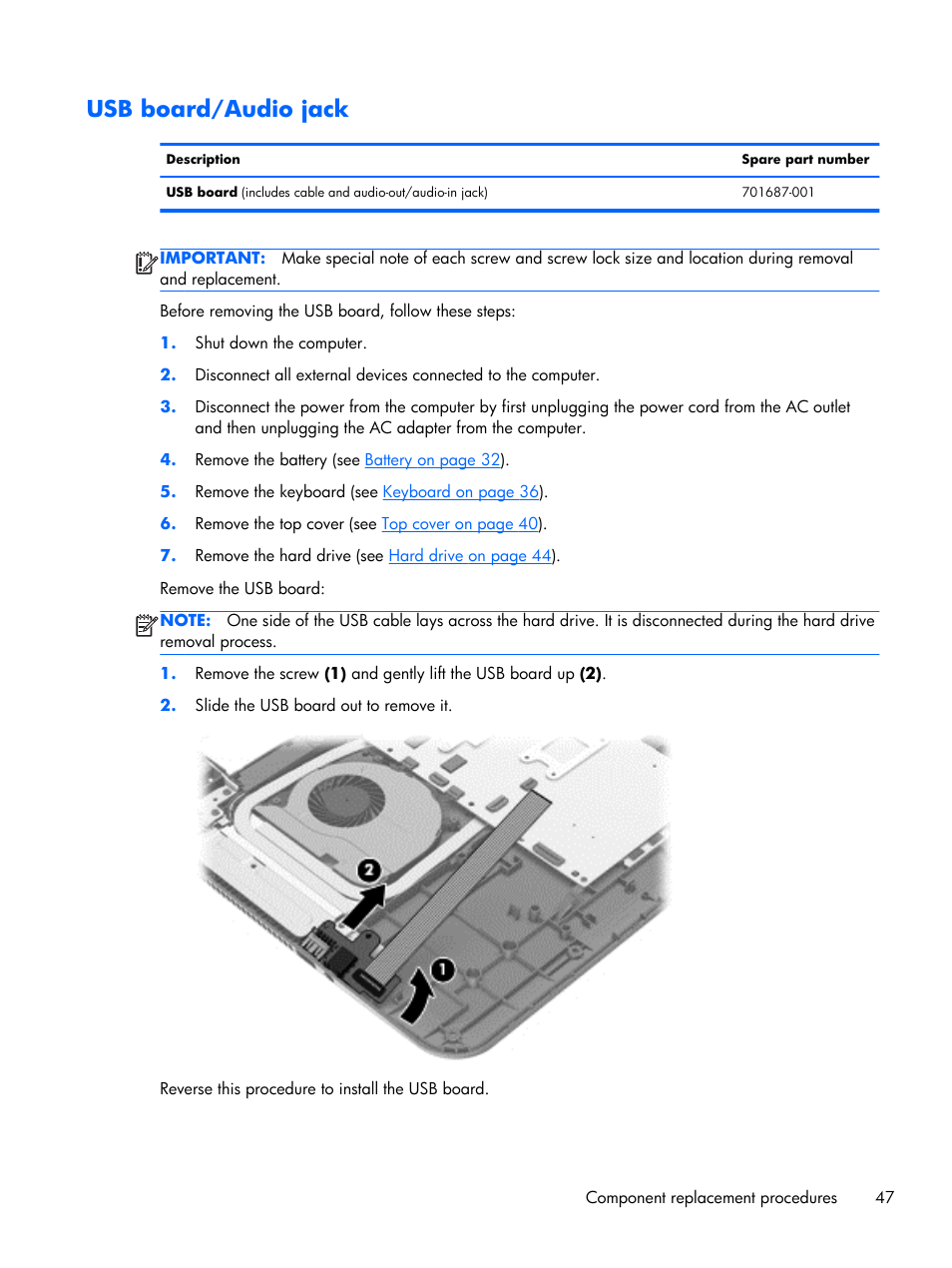 Usb board/audio jack | HP 15 User Manual | Page 55 / 101