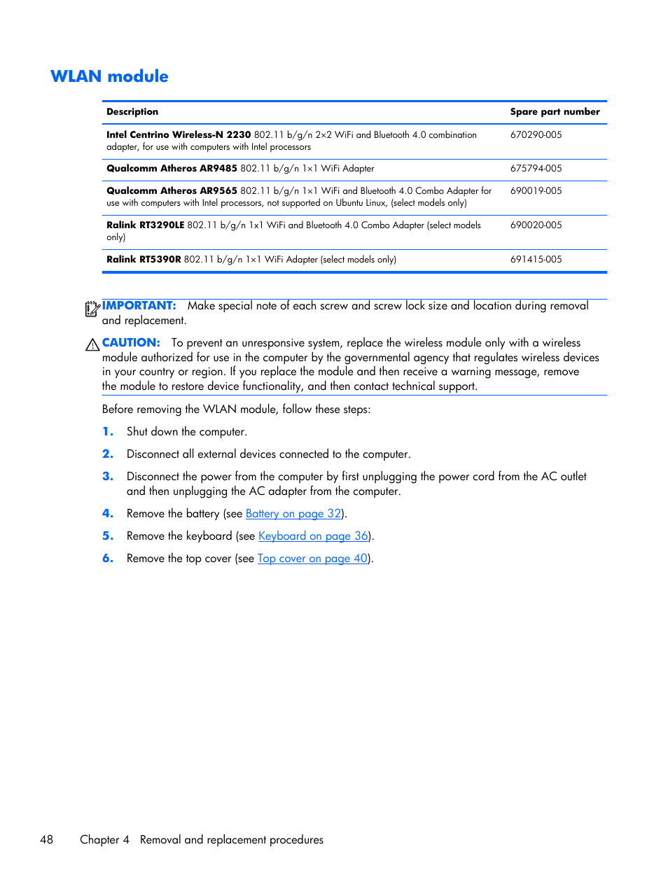 Wlan module | HP 15 User Manual | Page 56 / 101