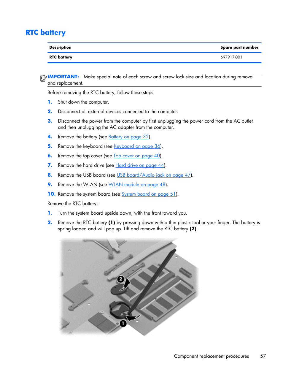 Rtc battery | HP 15 User Manual | Page 65 / 101