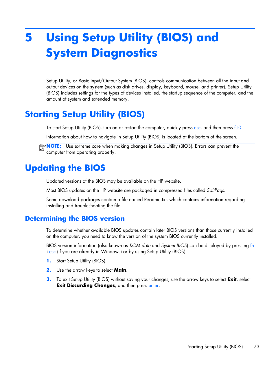 Using setup utility (bios) and system diagnostics, Starting setup utility (bios), Updating the bios | Determining the bios version, Starting setup utility (bios) updating the bios | HP 15 User Manual | Page 81 / 101