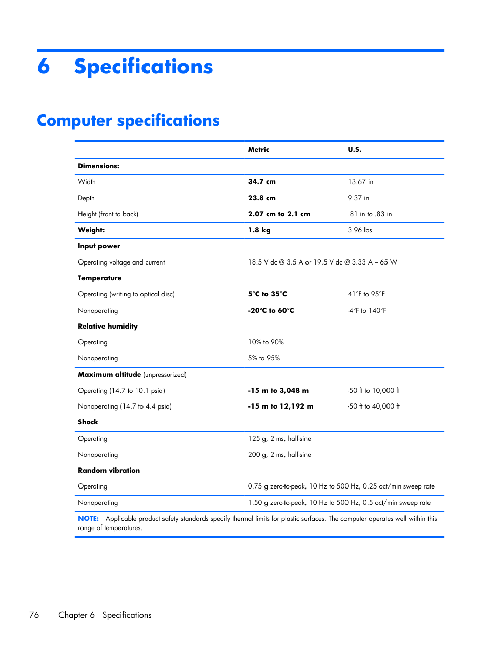 Specifications, Computer specifications, 6 specifications | HP 15 User Manual | Page 84 / 101