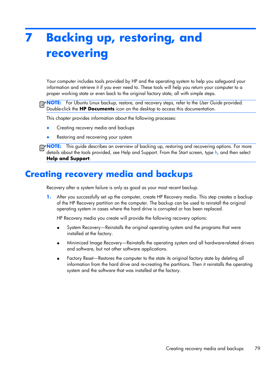 Backing up, restoring, and recovering, Creating recovery media and backups, 7 backing up, restoring, and recovering | HP 15 User Manual | Page 87 / 101