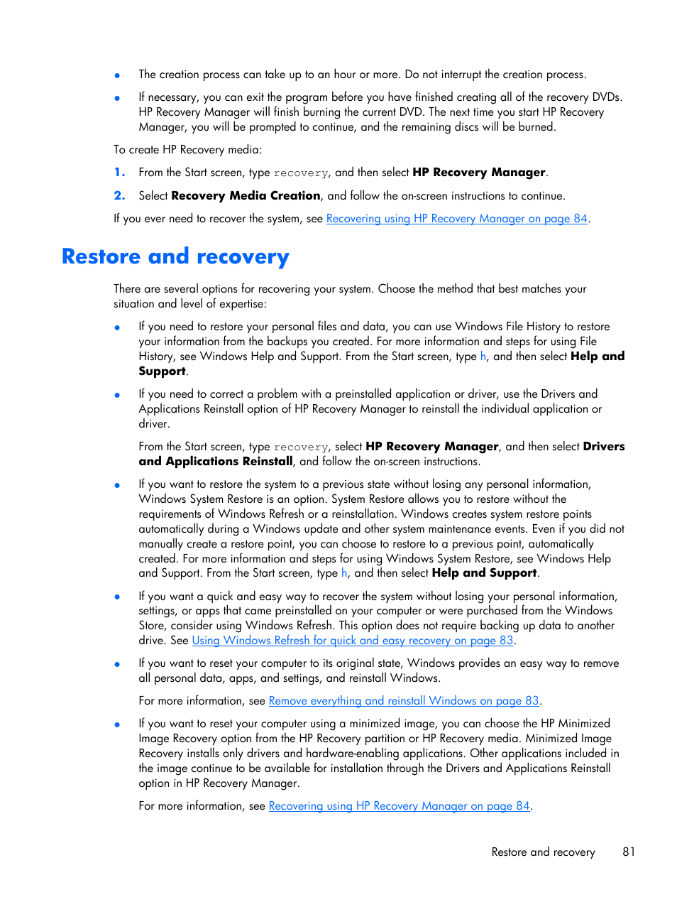 Restore and recovery | HP 15 User Manual | Page 89 / 101