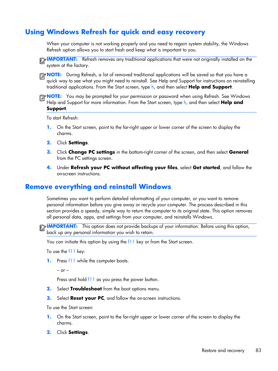 Using windows refresh for quick and easy recovery, Remove everything and reinstall windows | HP 15 User Manual | Page 91 / 101