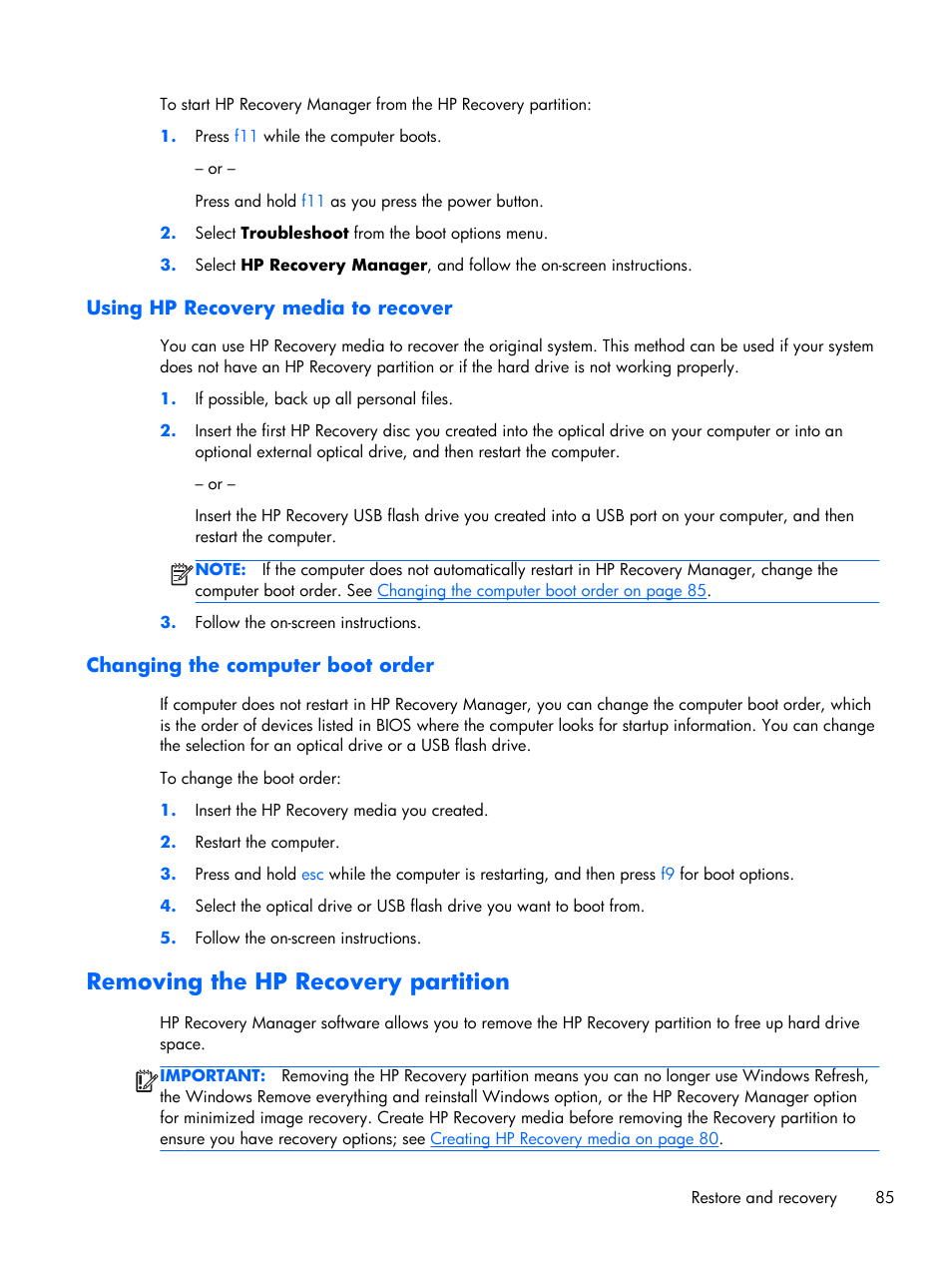 Using hp recovery media to recover, Changing the computer boot order, Removing the hp recovery partition | HP 15 User Manual | Page 93 / 101