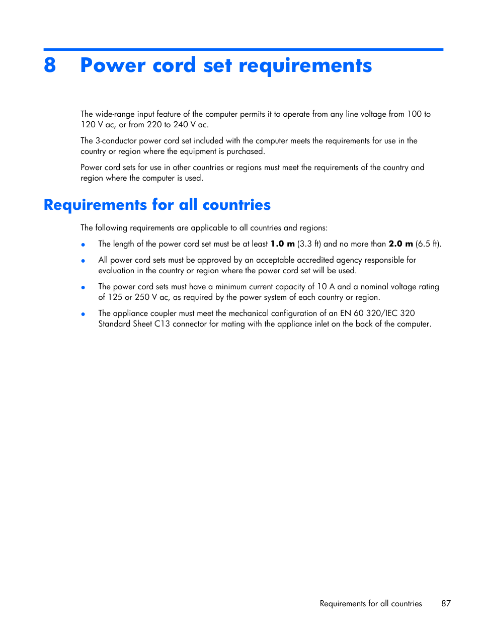 Power cord set requirements, Requirements for all countries, 8 power cord set requirements | HP 15 User Manual | Page 95 / 101