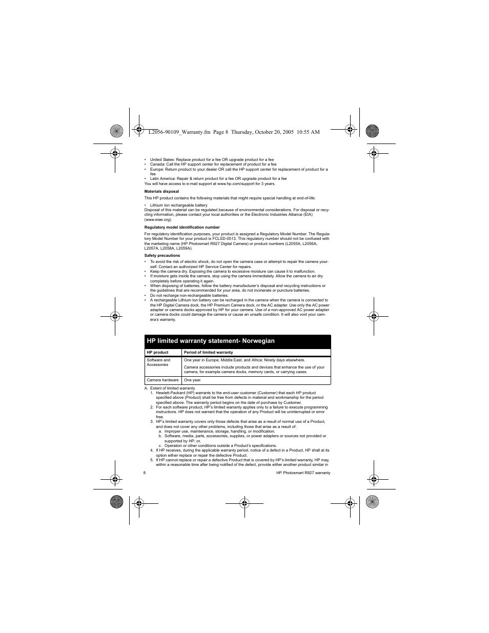 Hp limited warranty statement- norwegian | HP Photosmart R927 R927 User Manual | Page 10 / 44