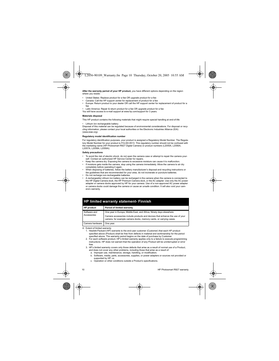 Hp limited warranty statement- finnish | HP Photosmart R927 R927 User Manual | Page 12 / 44