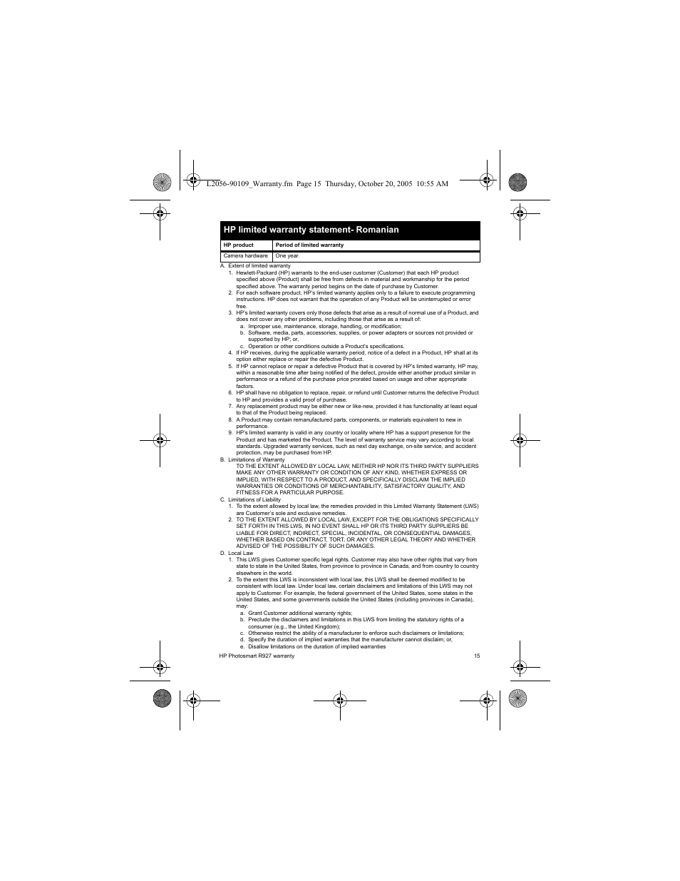 Hp limited warranty statement- romanian | HP Photosmart R927 R927 User Manual | Page 17 / 44