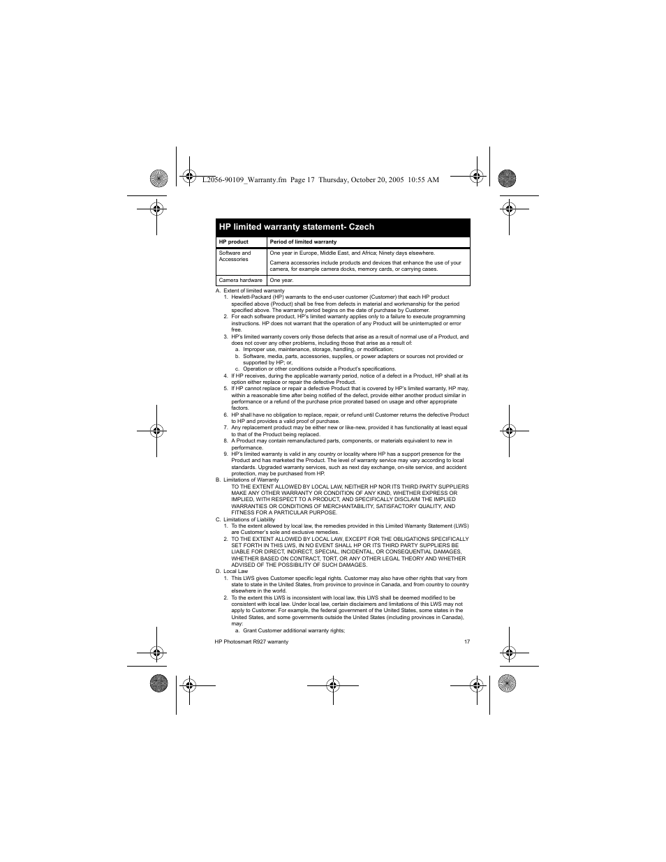 Hp limited warranty statement- czech | HP Photosmart R927 R927 User Manual | Page 19 / 44