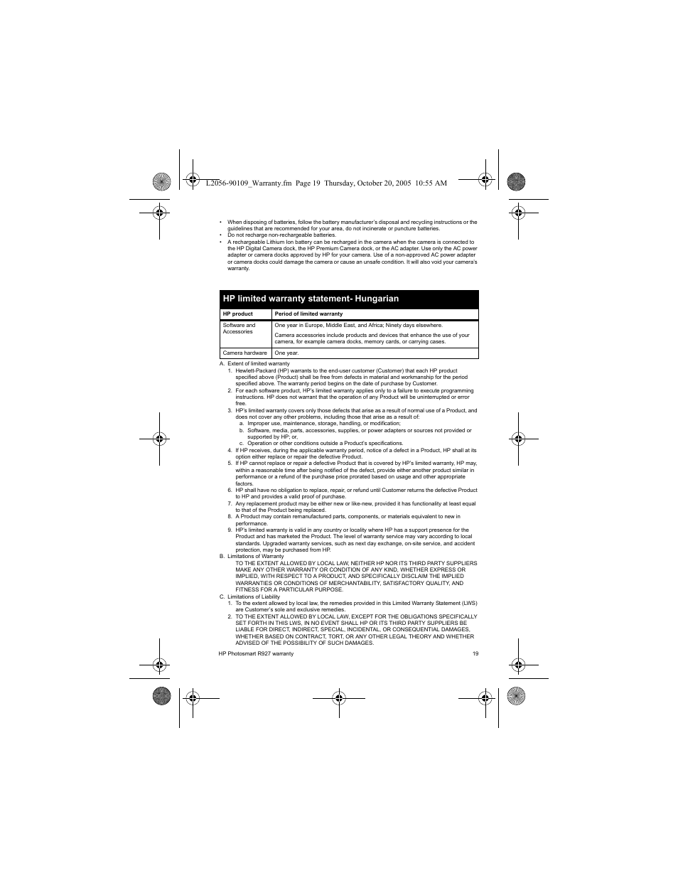 Hp limited warranty statement- hungarian | HP Photosmart R927 R927 User Manual | Page 21 / 44