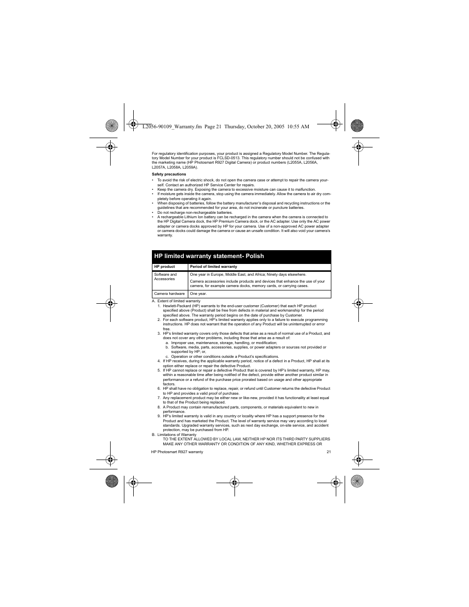Hp limited warranty statement- polish | HP Photosmart R927 R927 User Manual | Page 23 / 44
