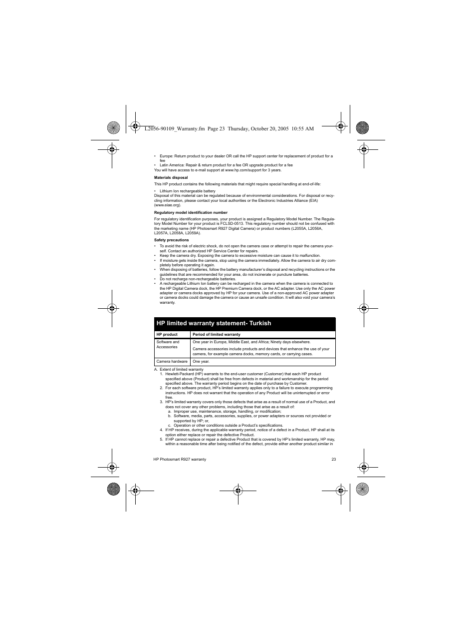 Hp limited warranty statement- turkish | HP Photosmart R927 R927 User Manual | Page 25 / 44