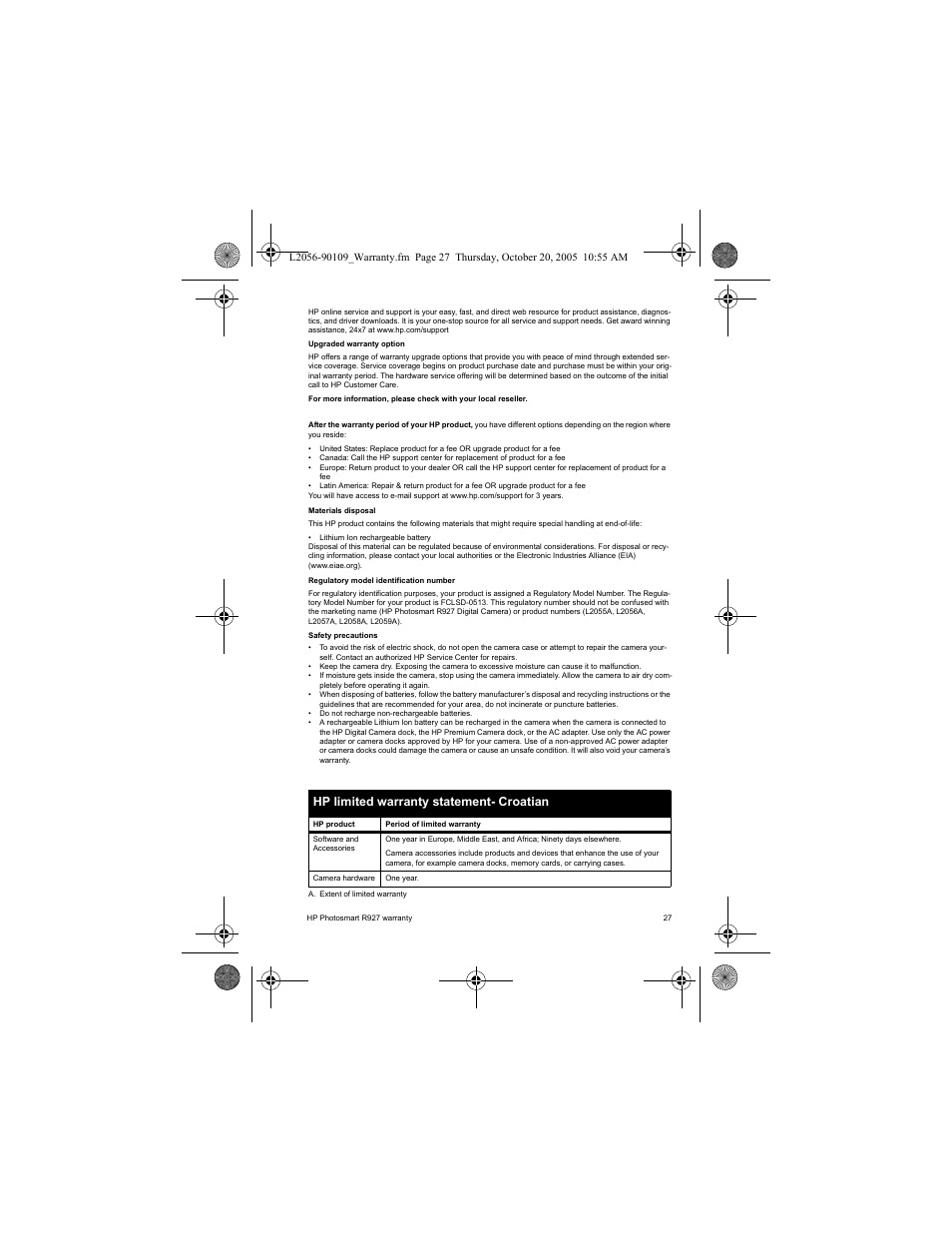 Hp limited warranty statement- croatian | HP Photosmart R927 R927 User Manual | Page 29 / 44